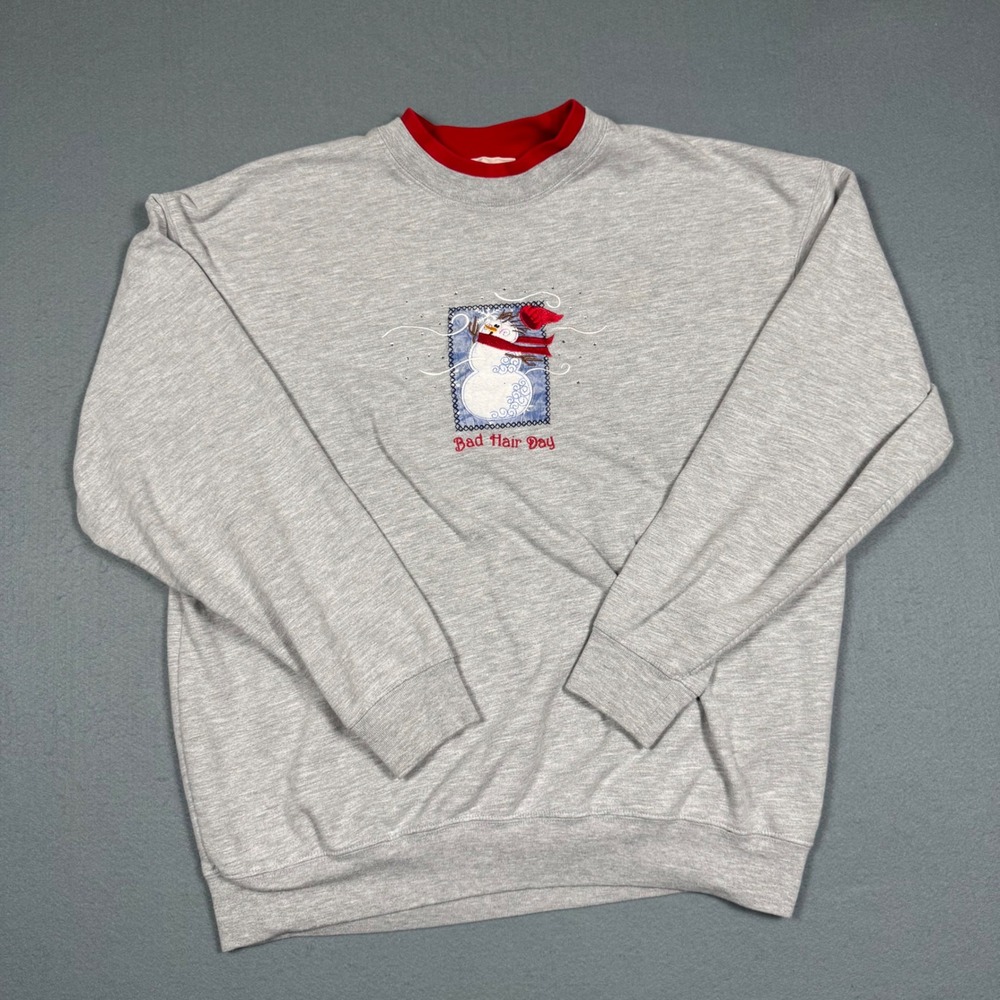 MC Sportswear Sweatshirt Womens XL Gray Bad Hair Day Snowman Vintage Winter Cozy